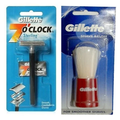 Gillette Sterling 7o'clock Double Edge Razor w 1 Platinum Shaving Blade & Brush - Image 1 of 4