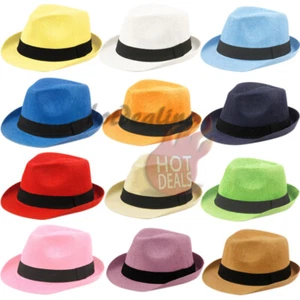 Unisex Adjustable Summer Straw Fedora Hat Trilby Cuban Sun Panama Roll Up Brim - Picture 1 of 17