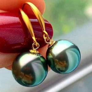 16MM Peacock Blue Shell Pearl Beads Earrings 18k Hook Eardrop Beautiful - Picture 1 of 7