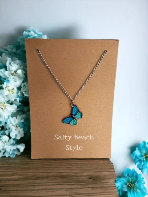 Minimalist TURQUOISE AQUA Butterfly Pendant Charm Necklace, Wish Card Jewelry - Image 1 of 4