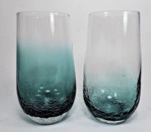 set of 2 PIER 1 CRACKLE GLASS (TEAL) HIGHBALL / WATER GLASSES (MINT) - Picture 1 of 3