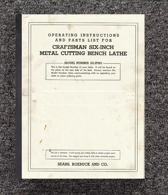 Metal Lathe Owners Instruction Manual Fits 1948 CRAFTSMAN-ATLAS 6" 101.07301 - Image 1 of 4