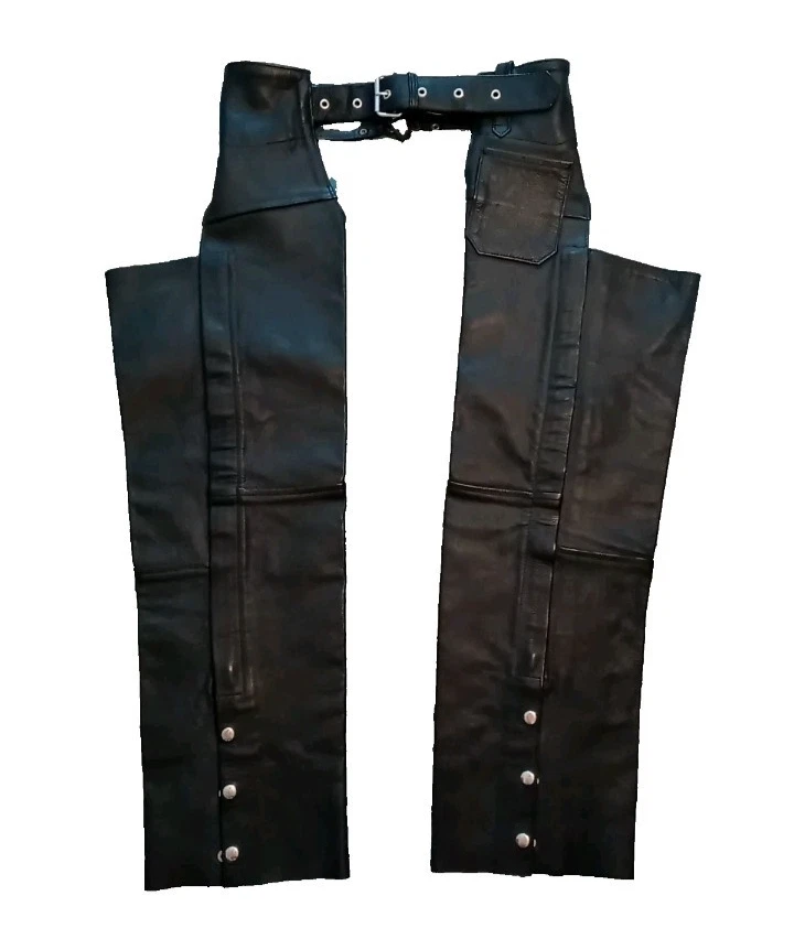 NUEVO Pantalón de motociclista de cuero genuino negro talla mediana con dobladillo crudo Foto 1 de 4