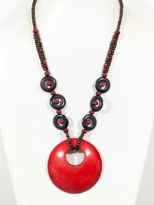 Beachy Boho Red Round Pendant Wood Bead Statement Necklace Bold 23" - Image 1 of 4