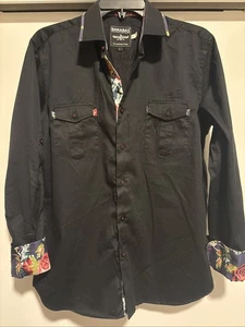 Barabas Black Button Down Long Sleeve Shirt Floral Inner Collar Contrast Large - Picture 1 of 7