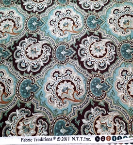 57"x44" Fabric Traditions 2011 Teal Green & Brown Medallions w/ Metallic Gold - Picture 1 of 4