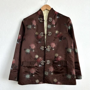 Peony Brand VTG Jacket Small Silk Blend Reversible Tang Suit Floral Brown Gold - Picture 1 of 18