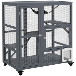 PawHut Indoor Catio Cat House on Wheels with Platforms, Hammock - Picture 1 of 12