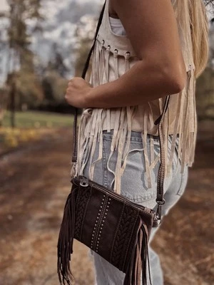 Montana West Brown Southwestern Design Purse w/Studs & Laced Leather Fringe - Image 1 of 4