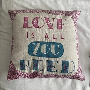 Love is All You Need cushion Pink/Teal app 15"x15" embroidered appliqué Chintz - Picture 1 of 4