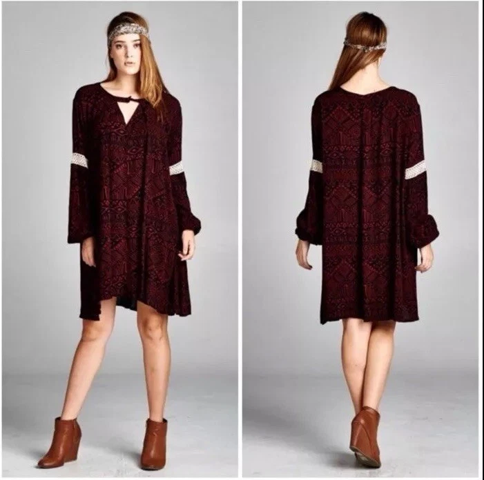 Vestido estampado tribal boho borgoña nuevo con etiquetas  Foto 1 de 1