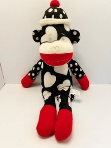Sock Monkey Plush Black White Hearts Spots Hat Red Accents 20 Inches - Picture 1 of 6