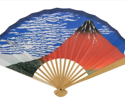 Ventilador Ukiyo-e Hokusai 'Fuji Rojo' - Bambú Blanco de 7,5 pulgadas 北斎 凱風快晴 赤富士 Ibasen[JP687] Foto 1 de 4