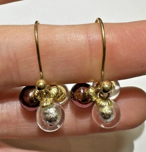 Vintage Murano Foil Gold Silver Art Glass 3 Dangle Beads Wire Hook Earrings - Picture 1 of 5