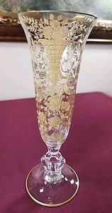 Cambridge Crystal Keyhole Gold Incrosted Rose Point 10” vaso fiori vintage come nuovo - Foto 1 di 16