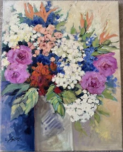 Pintura Bodegón Floral Mixta EVA SZORC Original Óleo Sobre Lienzo 16" x 20" - Imagen 1 de 7