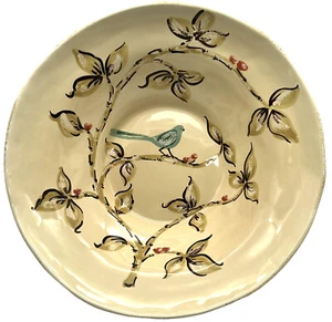 Painted Bird & Leaves Bowl 16.5" x 4.5" Round Decor Statement Piece Farmhouse - Picture 1 of 12