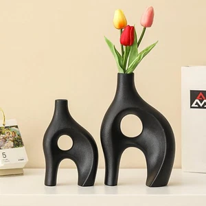 Black Vases Home Decor Set of 2, Unique Farmhouse Large Black Ceramic Flower ... - Picture 1 of 6