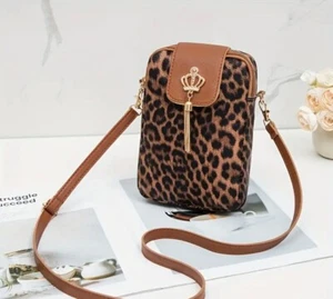 Leopard print crossbody bag everyday/holiday/phone bag faux leather brown black - Picture 1 of 8