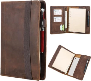 Full Grain Leather A5 Binder Portfolio 6 Ring Binder with 40 Sheets of A5 Paper - Picture 1 of 12