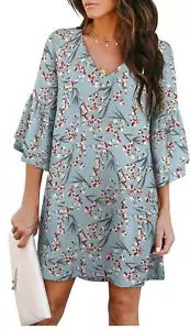 Women's Dress V-Neck Bell Sleeve Shift Dress Mini Dress. Large. - Picture 1 of 4