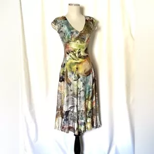 Komarov Crinkle Fit flare Midi Dress LACE Cap Sleeve V-Neck Small Multicolor - Picture 1 of 15