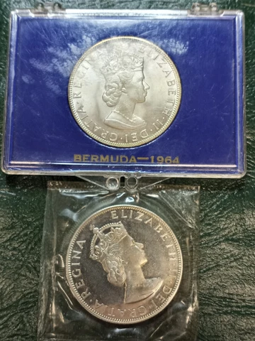 2 - Bermuda UNC 1964 1 Crown Coins (Silver .5) BS & PF Cover