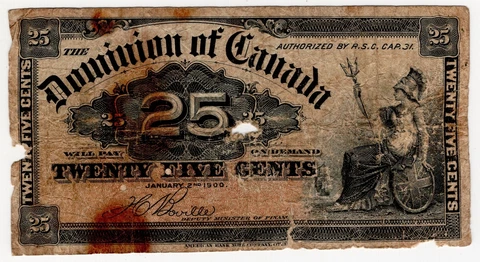1900 DOMINION OF CANADA 25 CENT BANKNOTE SHINPLASTER BOVILLE  BILL Cover