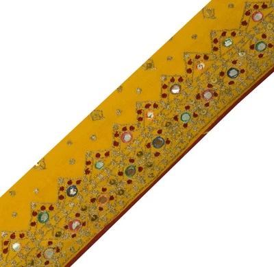 Sushila Vintage Yellow Saree Border Indian Craft Sewing Trim Embroidered Lace - Image 1 of 4