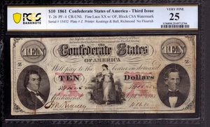 1861 $10 CONFEDERATE STATES OF AMERICA NOTE CURRENCY T-26 PF-4 PCGS B VF 25 - Picture 1 of 4