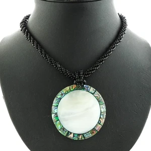 Round Paua Abalone Mother Of Pearl Shell Black Beads Necklace, 2" - Picture 1 of 4