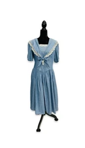 Gunne Sax Dress Vtg Prairie Corset Cottagecore Size:13/14 Denim Lace Bow W32 - Picture 1 of 15