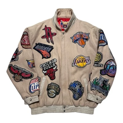 De Colección Jeff Hamilton NBA Parche Logo Lana Cuero Chaqueta Bombardero Beige Para Hombres 6XL LIMPIO Foto 1 de 4