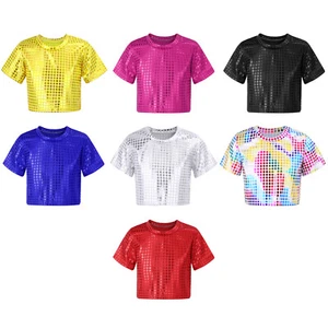 Boys Girls Glitter Sequin Dance Stage Performance Crop Tops Jazz Hip-Hop T-Shirt - Picture 1 of 78