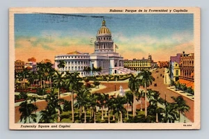 Postal de lino Habana Cuba Plaza de la Fraternidad y Capitolio c.1957 - Imagen 1 de 2