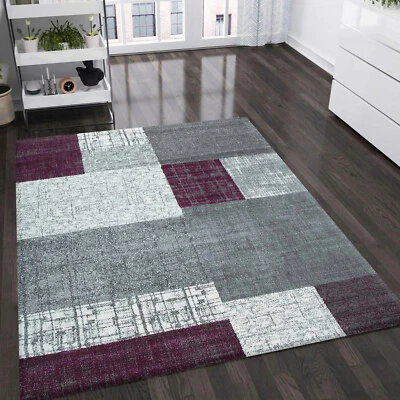 Tapis Moderne Art en Violet, Gris Et Blanc à Carreaux Moucheté à Poils Ras Neuf - Photo 1/4
