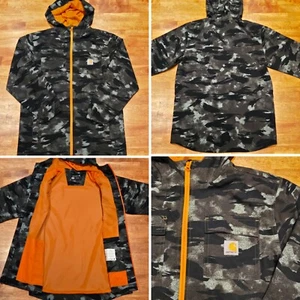 Carhartt Camo Ripstop Hooded Rain Jacket Full Zip Waterproof Boys Sz Large 14-16 - Picture 1 of 12