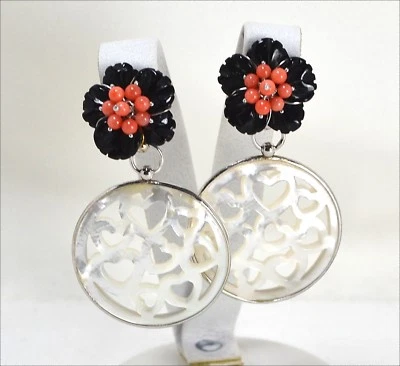 ORECCHINI IN ARGENTO 925 CON FIORE DI ONICE CORALLO ROSA E MADREPERLA AGHT 0475 - Immagine 1 di 3