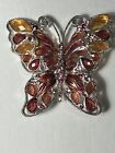 Large VTG Coral Pink & Orange Faceted Crystals Butterfly Brooch Pin Costume
