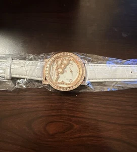NEW Hello Kitty Watch Rose Gold Crystal Bezel With White Leather Strap Band - Picture 1 of 4