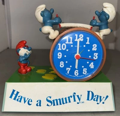 RARE Vintage 1980’s SMURFS Wind Up Clock by Peyo - Works But No Alarm Sound - Image 1 of 4