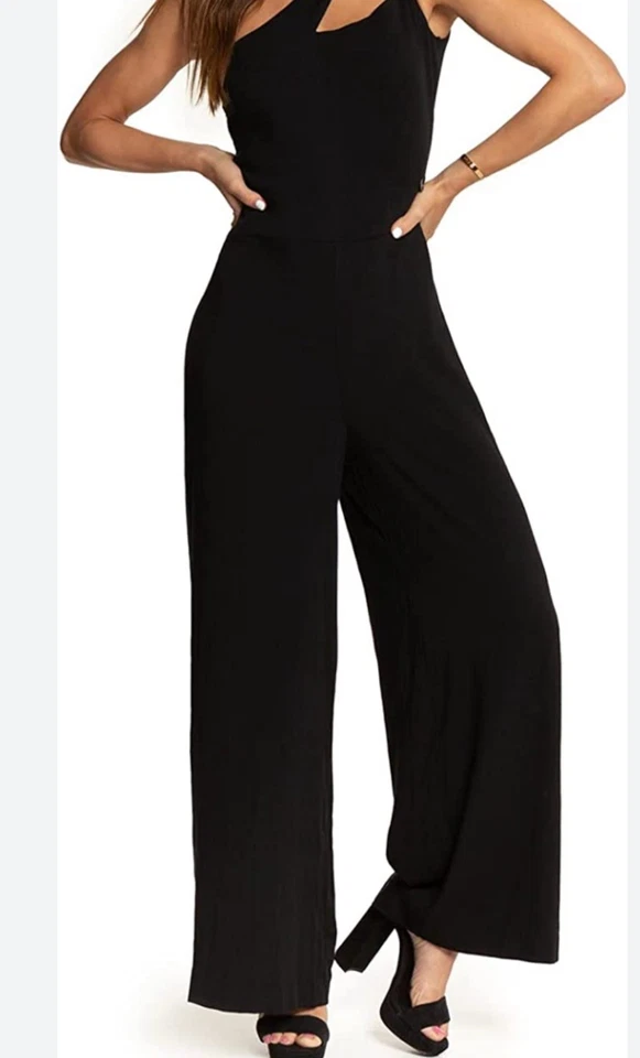 ¡NUEVO SIN ETIQUETAS! Mono Crystal Sky negro de un hombro pierna ancha. Diseño de cerradura. Talla L Foto 1 de 4