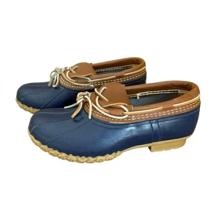 LL BEAN Low Rubber Mocs Duck Boots Navy Tan Womens Size 8 - Picture 1 of 10