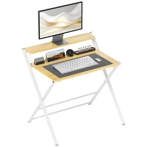 HOMCOM Folding Desk with 2-Tier Shelf for Home Office, Maple Wood-effect - Picture 1 of 11