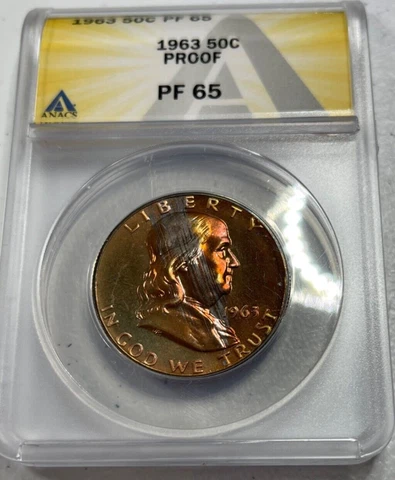1963  Franklin US Half Dollar,   PF65 by ANACS,   COOL TONING,   EXQUISITE coin! Cover