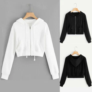 Ladies Hoodies Plain Zip Up Sweatshirt Women Fleece Casual Jacket hooded Top - Picture 1 of 10