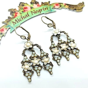 Michal Negrin Chandelier Earrings Pearl Flowers Retro Bride White Wedding Enamel - Picture 1 of 12