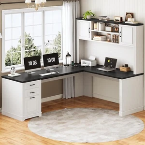 Farmhouse L Computer Shaped Desk with Hutch & 3 Drawers for Home Office (White) - Picture 1 of 8