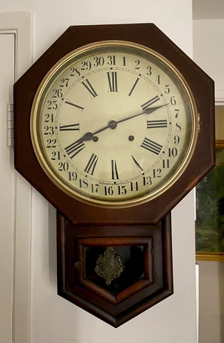 Antique Waterbury Schoolhouse Style Calendar Wall Clock - “12 Inch Drop” Model Cover