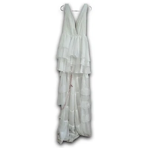 Abito Mac Duggal bianco chiffon con volant scollo a V US2 XS-S elegante nuovo - Foto 1 di 9